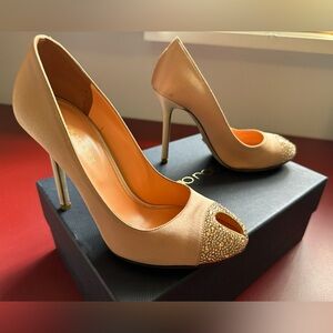 Sergio Rossi Pink Satin Pumps with Rhinestone Peep Toe. New with Tags. Size 36